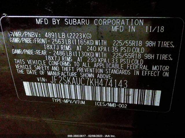 JF2SKAUC7KH474143 Subaru Forester Limited