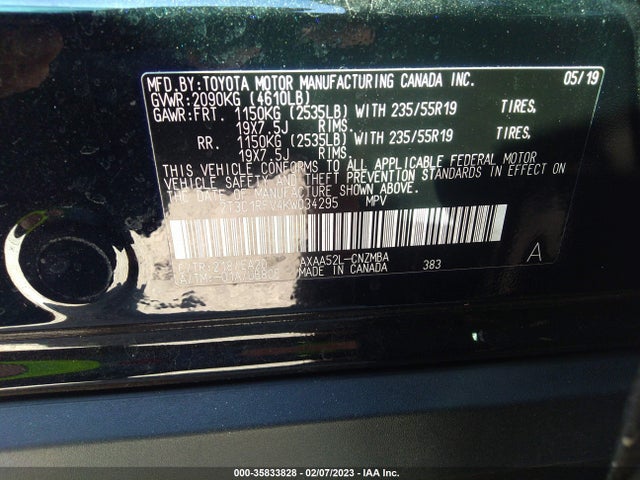 2019 TOYOTA RAV4 XLE PREMIUM VIN: 2T3C1RFV4KW034295