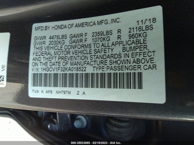 2019 HONDA ACCORD SEDAN SPORT 1.5T VIN: 1HGCV1F32KA018522