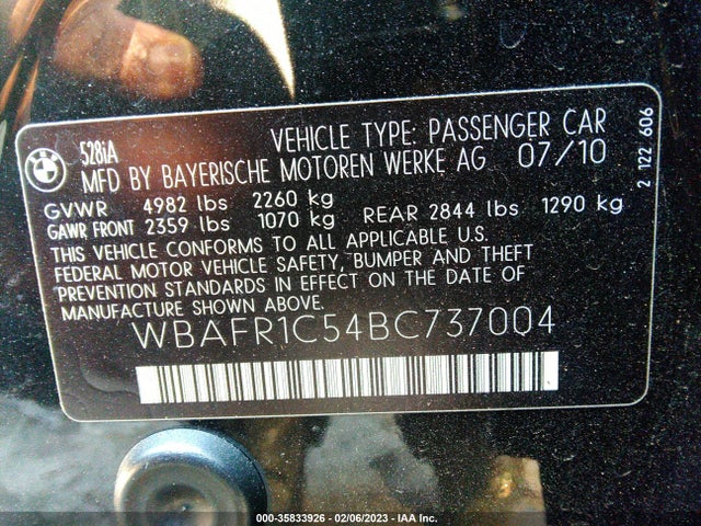 Продаж на аукціоні авто 2011 Bmw 5 Series 528i, vin: WBAFR1C54BC737004, номер лоту: 35833926