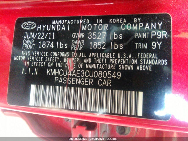 2012 HYUNDAI ACCENT GLS VIN: KMHCU4AE3CU080549