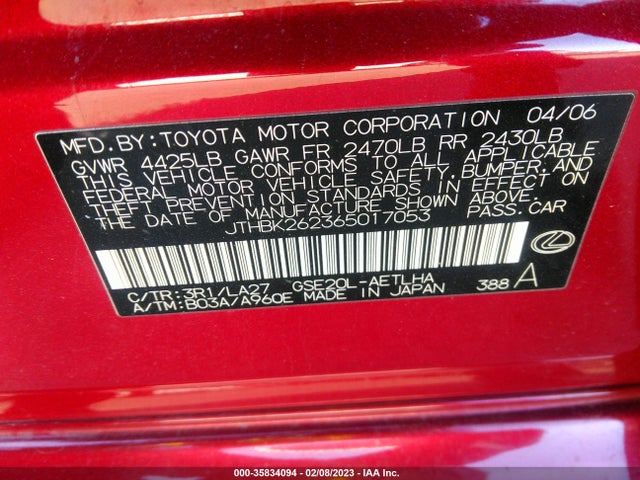 Lexus Is 250 Manual/auto 2006 JTHBK262365017053 Image 10