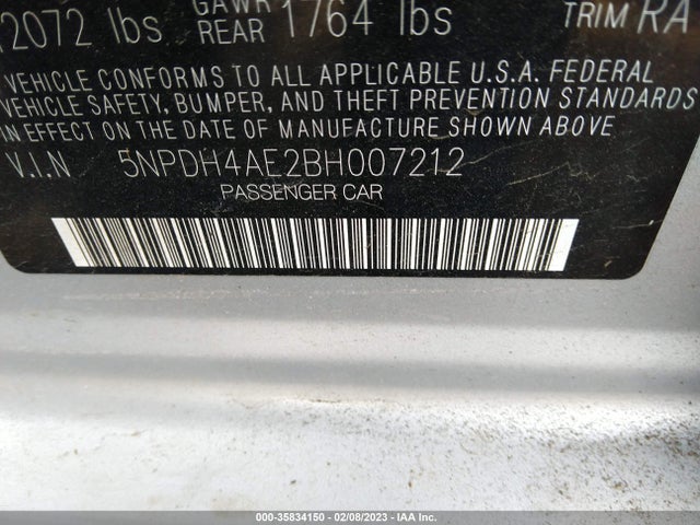2011 HYUNDAI ELANTRA GLS PZEV VIN: 5NPDH4AE2BH007212