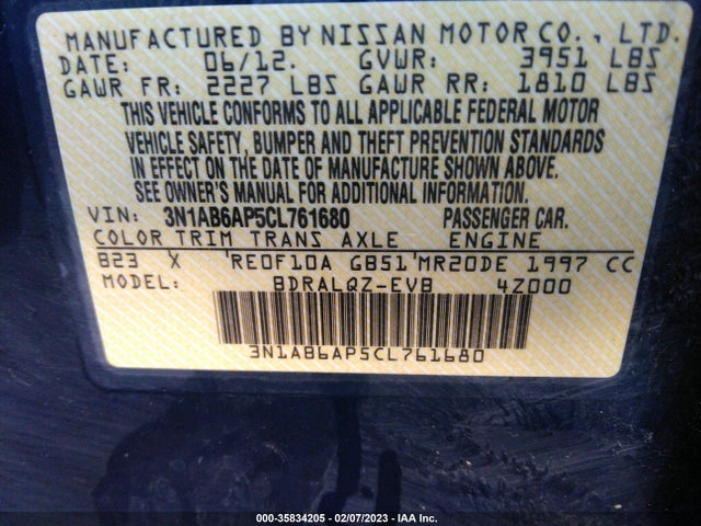 2012 NISSAN SENTRA 2.0 VIN: 3N1AB6AP5CL761680