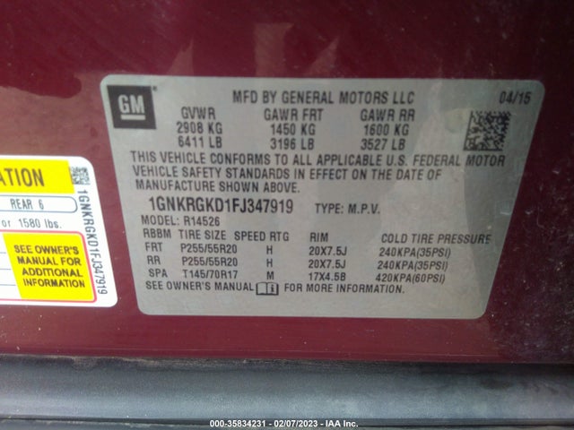 Chevrolet Traverse Lt 2015 1GNKRGKD1FJ347919 Image 9