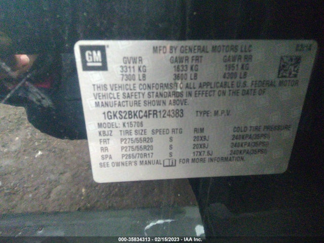 1GKS2BKC4FR124383 GMC YUKON SLT