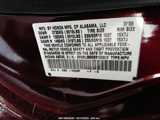 2008 HONDA ODYSSEY EX-L VIN: 5FNRL38668B100917