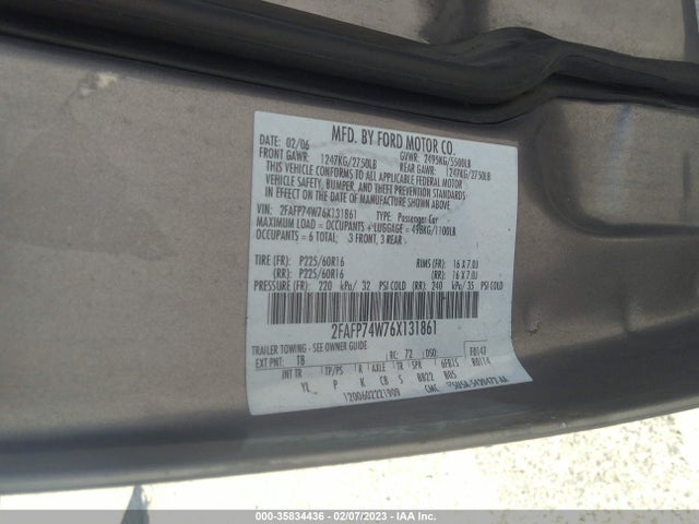 2006 FORD CROWN VICTORIA LX VIN: 2FAFP74W76X131861
