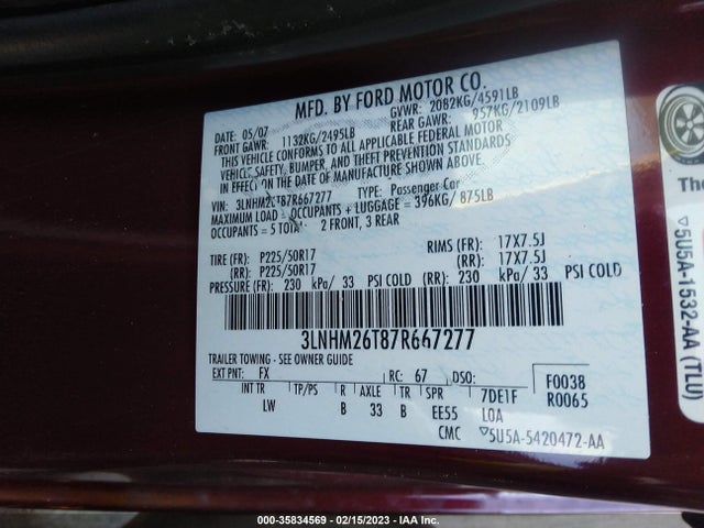 Lincoln MKZ 2007 3LNHM26T87R667277 Image 9