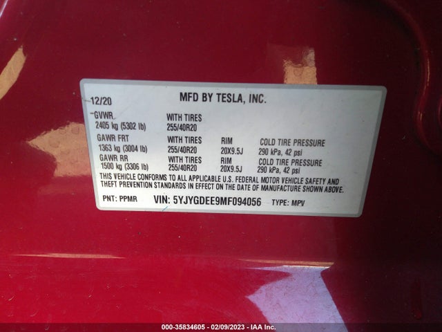 5YJYGDEE9MF094056 Tesla Model Y Long Range