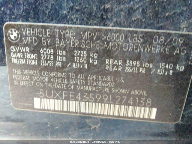 2009 BMW X5 30I VIN: 5UXFE43599L274138
