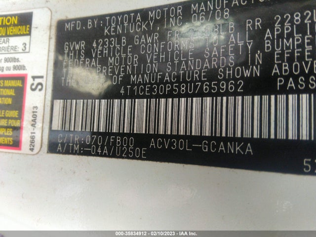 2008 TOYOTA CAMRY SOLARA SE/SPORT/SLE VIN: 4T1CE30P58U765962