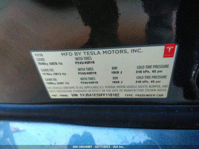 2015 TESLA MODEL S 85D/70D/90D/P90D VIN: 5YJSA1E26FF118182