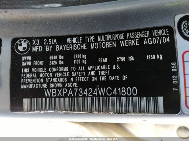 WBXPA73424WC41800 BMW X3 2.5I