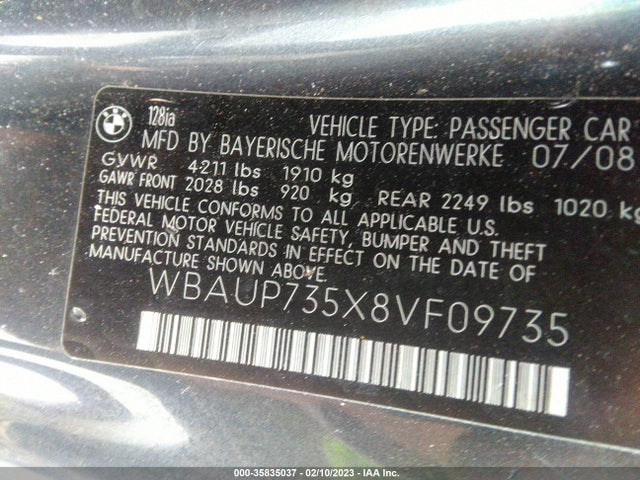 2008 BMW 1 SERIES 128I VIN: WBAUP735X8VF09735