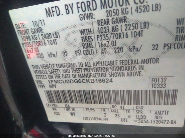 2012 FORD ESCAPE XLT VIN: 1FMCU0DG6CKB16624