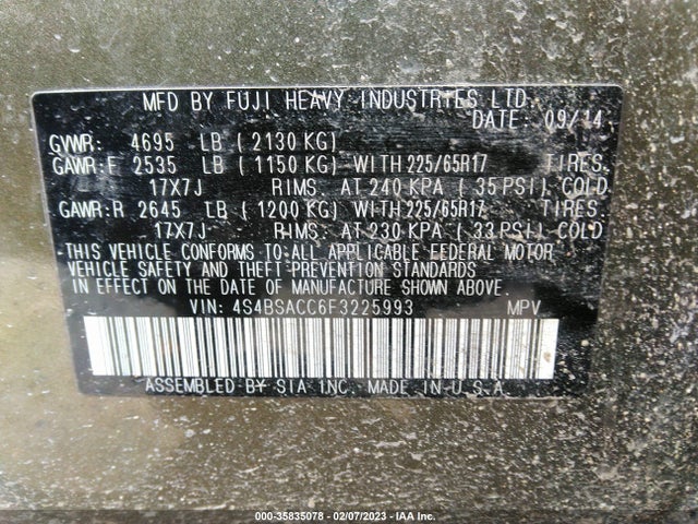 2015 SUBARU OUTBACK 2.5I PREMIUM VIN: 4S4BSACC6F3225993