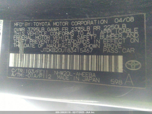 2008 TOYOTA PRIUS VIN: JTDKB20U183415467