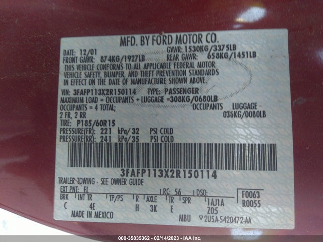 2002 FORD ESCORT ZX2 VIN: 3FAFP113X2R150114