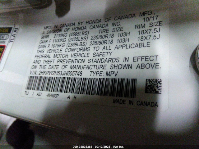 2018 Honda CR-V, VIN: 2HKRW2H53JH605748