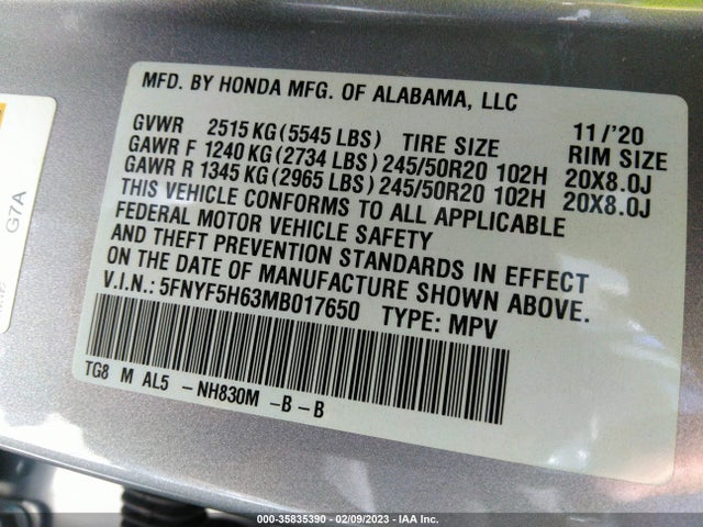 2021 Honda Pilot, VIN: 5FNYF5H63MB017650