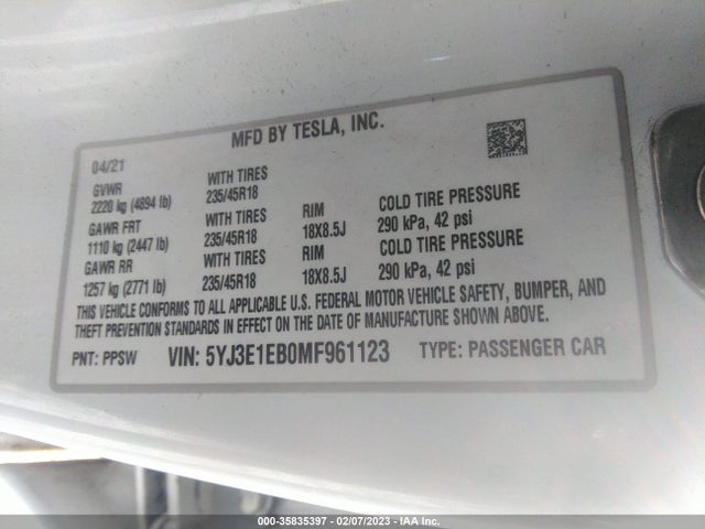 Tesla MODEL 3 2021 5YJ3E1EB0MF961123 Image 10