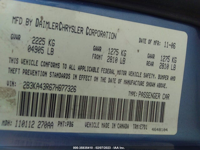 2007 DODGE CHARGER VIN: 2B3KA43R67H677326