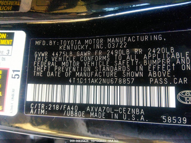 Toyota CAMRY LE 2022 4T1C11AK2NU678857 Image 9