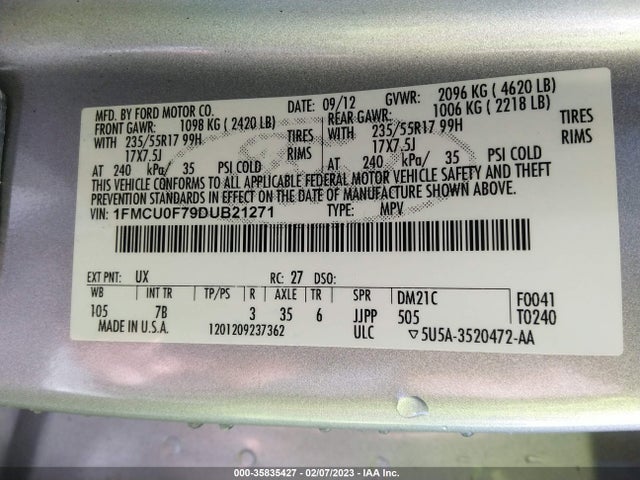 2013 FORD ESCAPE S VIN: 1FMCU0F79DUB21271