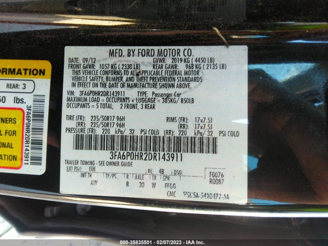 2013 FORD FUSION SE VIN: 3FA6P0HR2DR143911