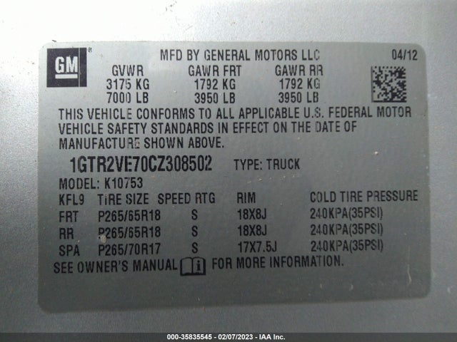 2012 GMC SIERRA 1500 SLE VIN: 1GTR2VE70CZ308502