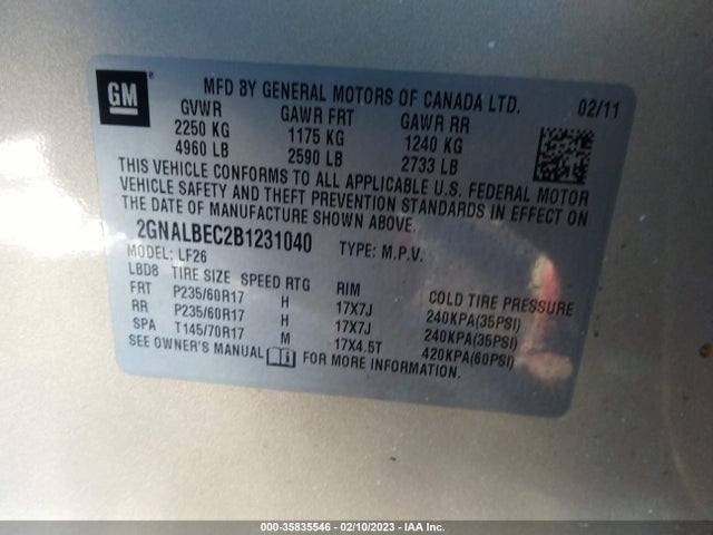 2011 CHEVROLET EQUINOX LS VIN: 2GNALBEC2B1231040