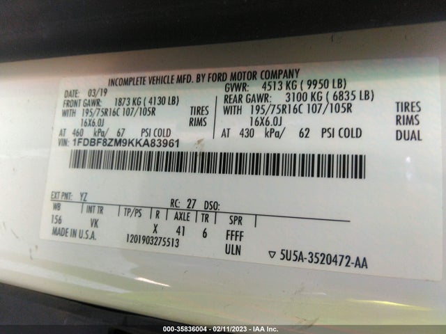 2019 Ford Transit, VIN: 1FDBF8ZM9KKA83961