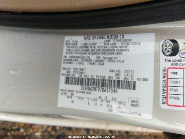 2007 LINCOLN MKZ VIN: 3LNHM28T97R617596