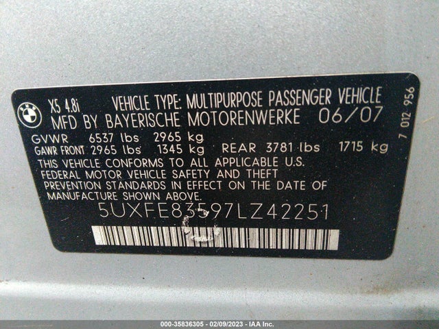 BMW X5 4.8I 2007 5UXFE83597LZ42251 Image 10
