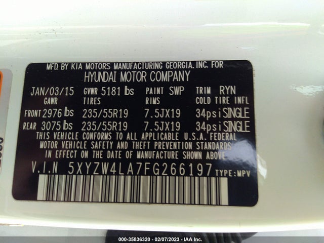 2015 Hyundai Santa Fe, VIN: 5XYZW4LA7FG266197