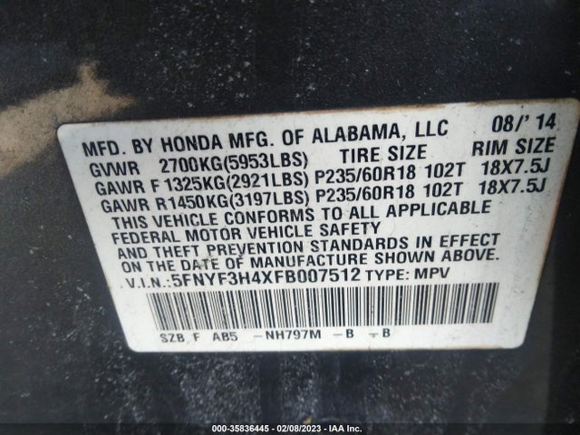 2015 Honda Pilot, VIN: 5FNYF3H4XFB007512