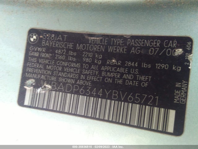 2000 BMW 5 SERIES 528IAT VIN: WBADP6344YBV65721