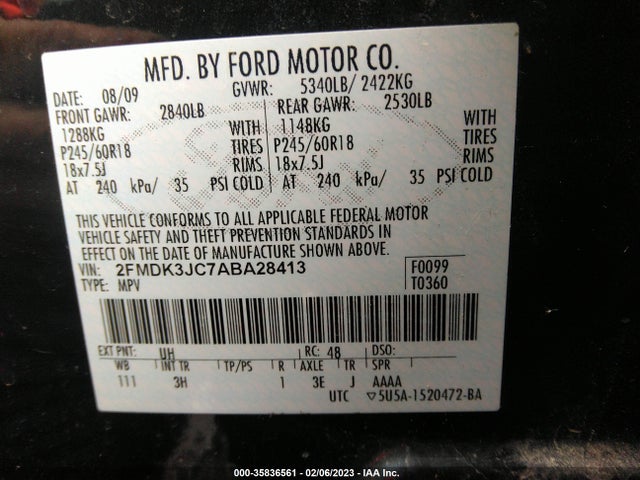 2010 FORD EDGE SEL VIN: 2FMDK3JC7ABA28413