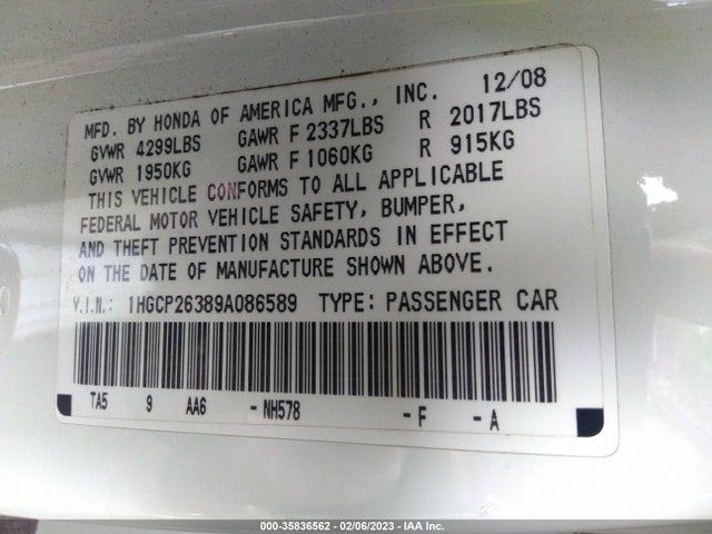 2009 HONDA ACCORD SDN LX VIN: 1HGCP26389A086589