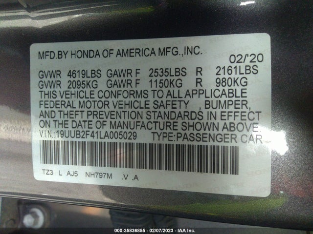 2020 Acura TLX, VIN: 19UUB2F41LA005029