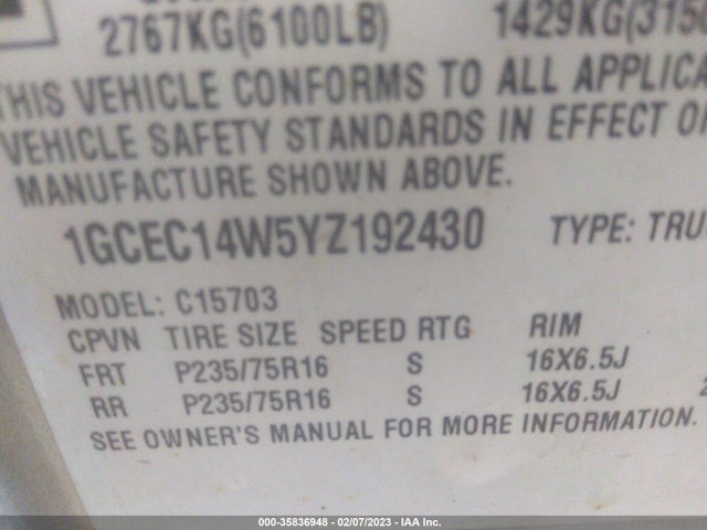 Chevrolet SILVERADO 1500 2000 1GCEC14W5YZ192430 Image 10