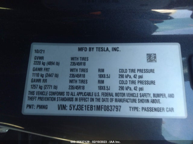 Tesla Model 3 Long Range 2021 5YJ3E1EB1MF083797 Image 10