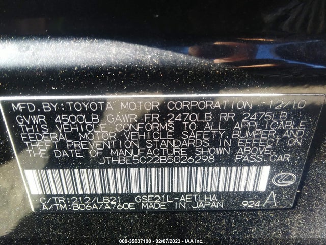 Aukcja sprzedaży 2011 Lexus Is 350, vin: JTHBE5C22B5026298, numer aukcji: 35837190