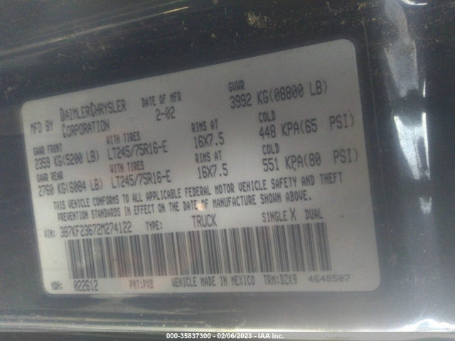 2002 DODGE RAM 2500 VIN: 3B7KF23672M274122