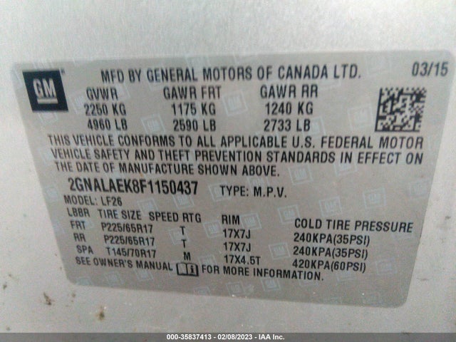 2015 CHEVROLET EQUINOX LS VIN: 2GNALAEK8F1150437