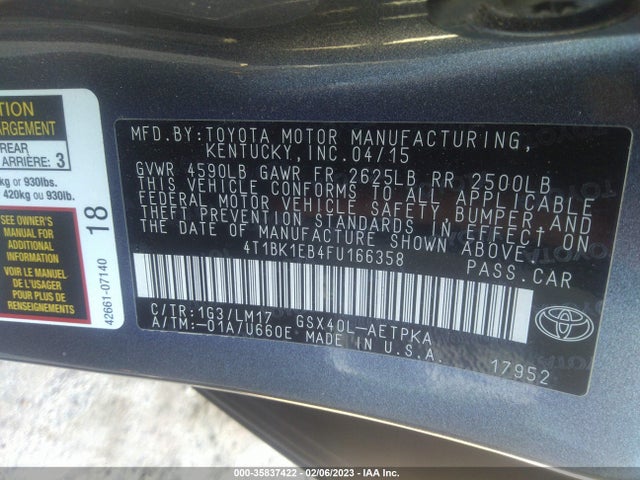 2015 TOYOTA AVALON LIMITED VIN: 4T1BK1EB4FU166358