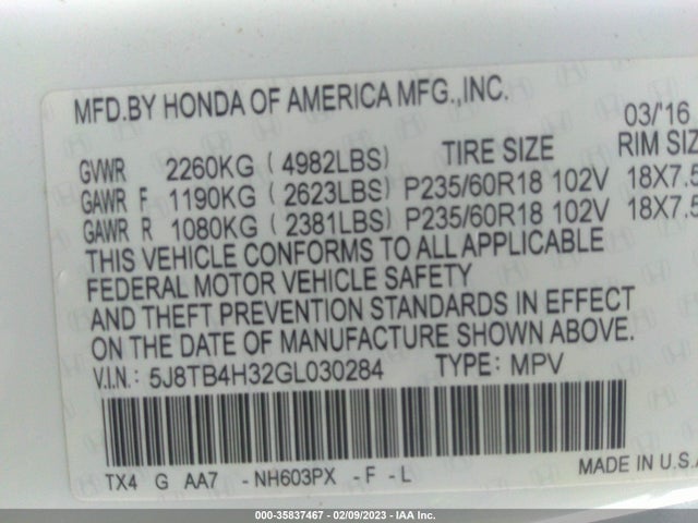 2016 Acura RDX, VIN: 5J8TB4H32GL030284