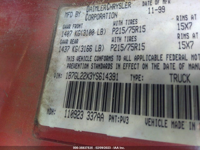 Dodge Dakota 2000 1B7GL22X3YS614391 Image 11