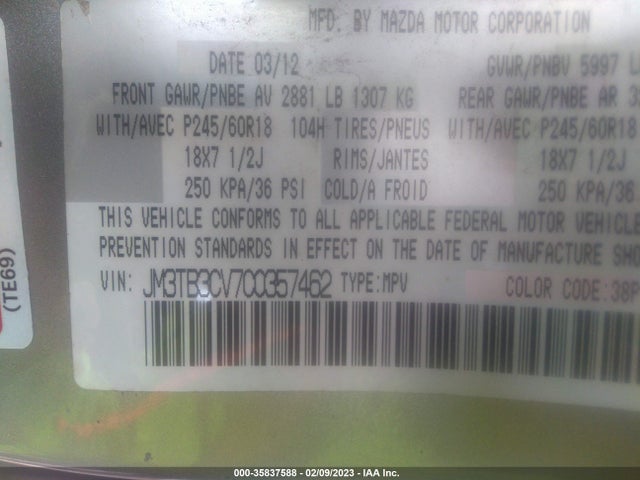 2012 MAZDA CX-9 TOURING VIN: JM3TB3CV7C0357462